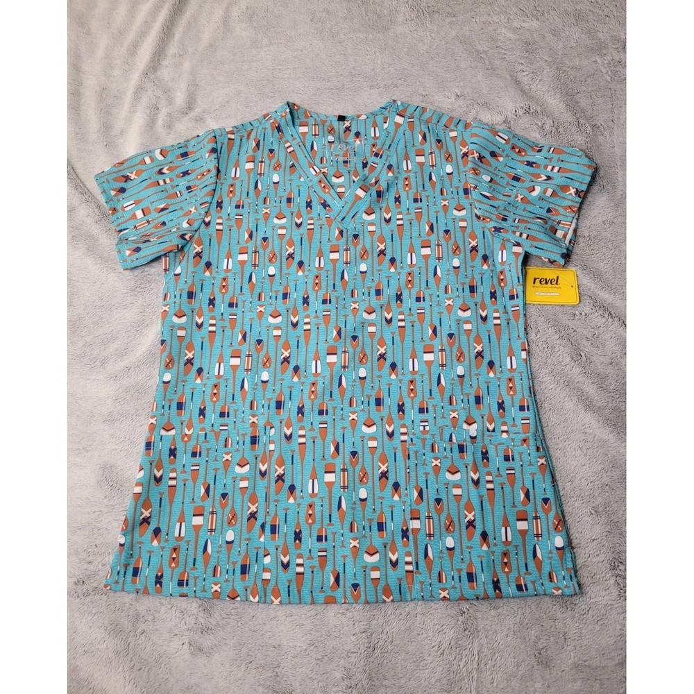 Revel Premium Womens Large Scrub Top Short Sleeve Nautical Coastal Oars Stretch